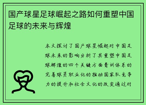 国产球星足球崛起之路如何重塑中国足球的未来与辉煌